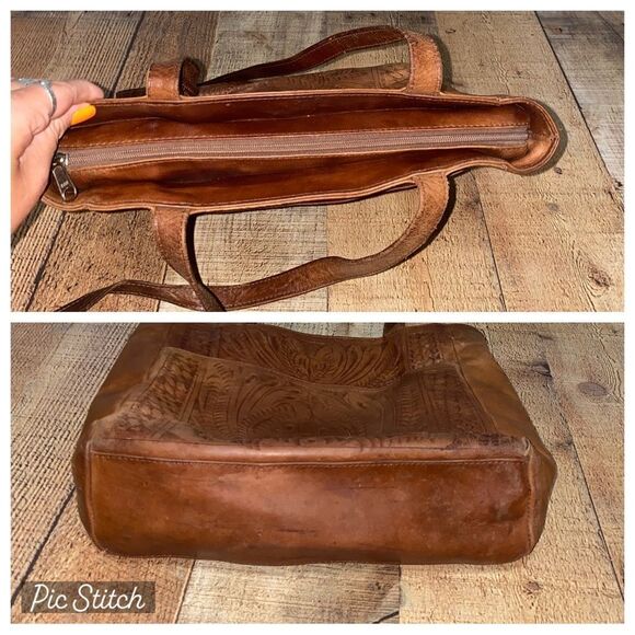 Texian Leathers tooled leather studded pony hair fur shoulder bag purse brown - Picture 4 of 13